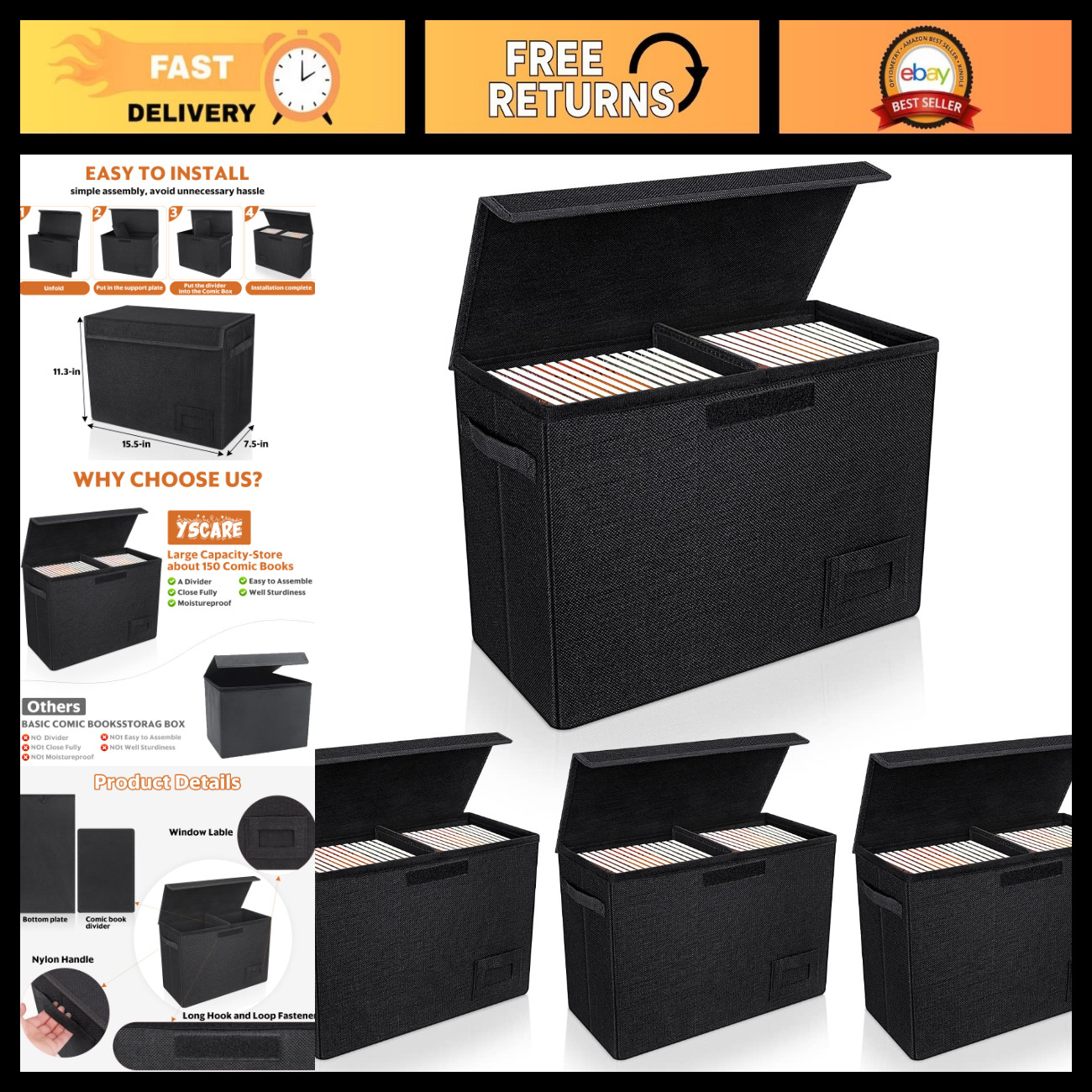4-Pack Collapsible Comic Book Storage Boxes with Dividers & Handles, Holds 150 C