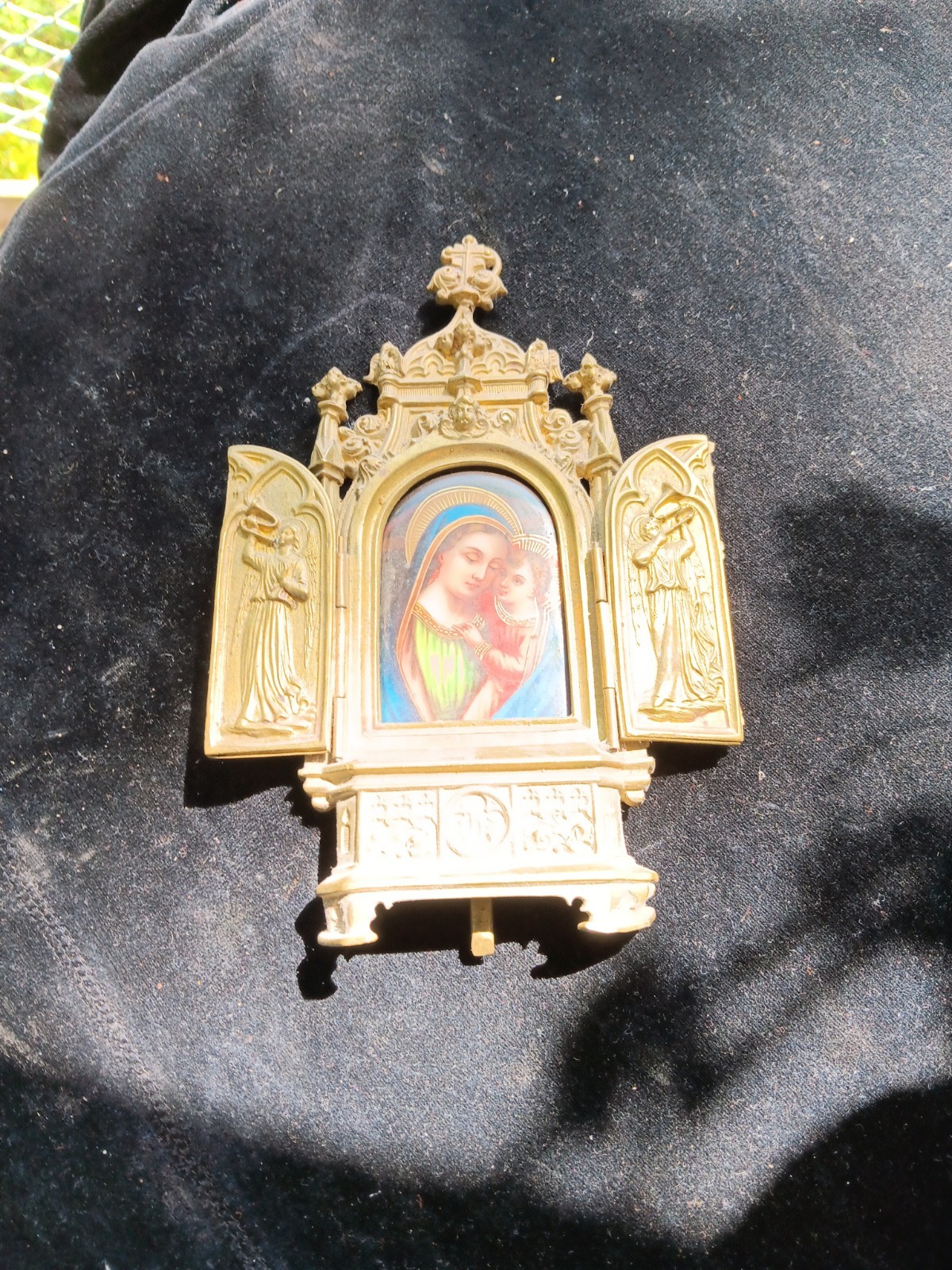 Antique German Brass And Porcelain Religious Tryptic Antique German Brass And Porcelain Religious Tryptic