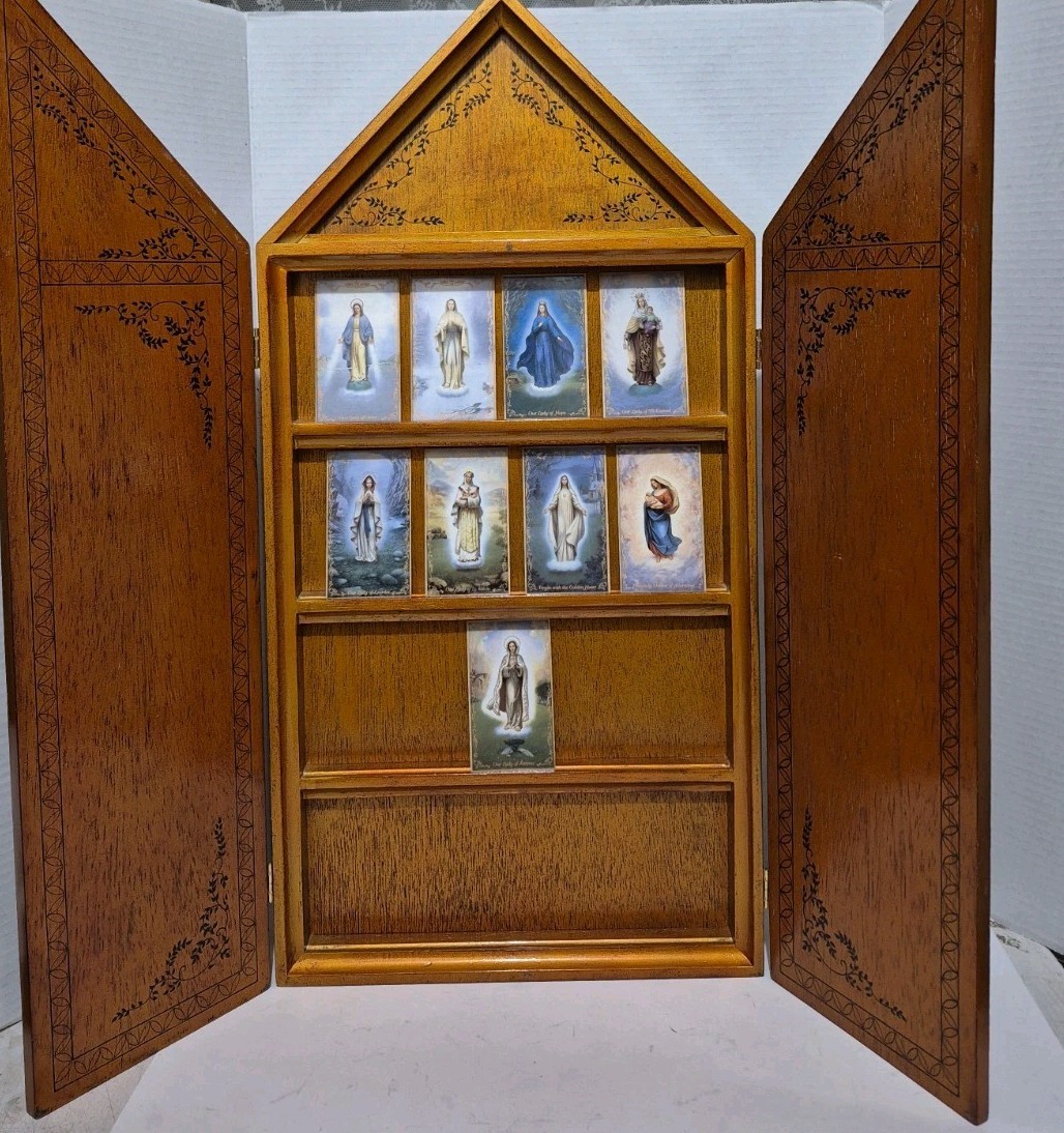 Blessings of Our Lady 9 porcelain Holy Cards Custom Wooden Display. 1997 Blessings of Our Lady 9 porcelain Holy Cards Custom Wooden Display. 1997