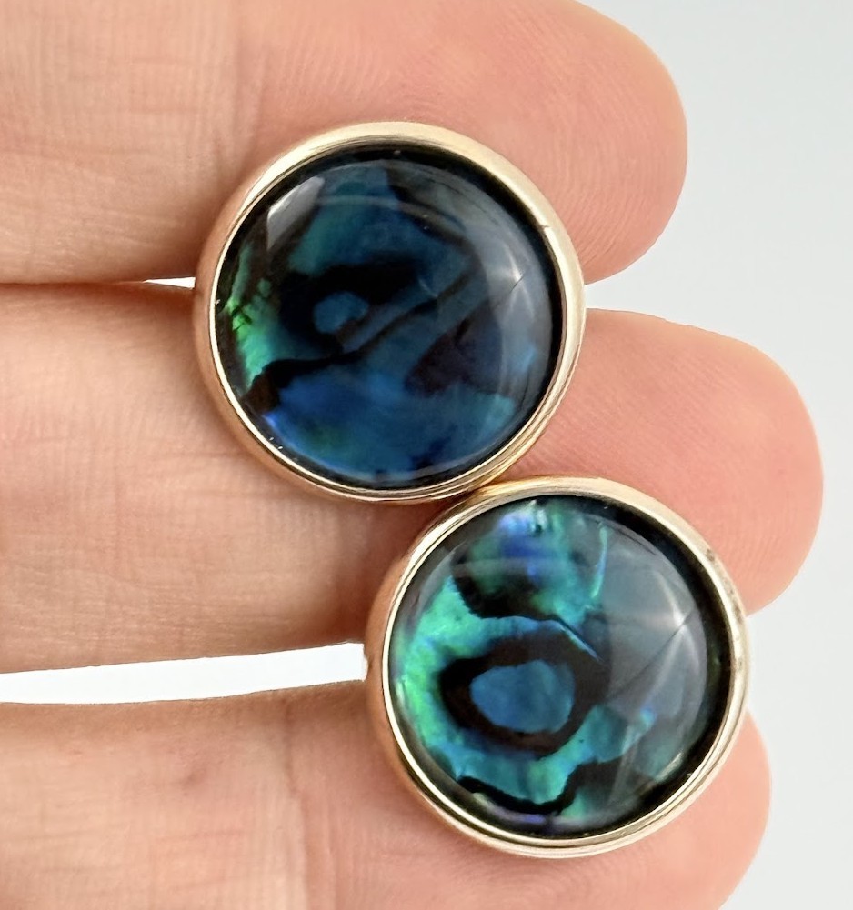 Vtg Round Blue Green Art Glass Cufflinks Silver Tone Swirl Dome Iridescent