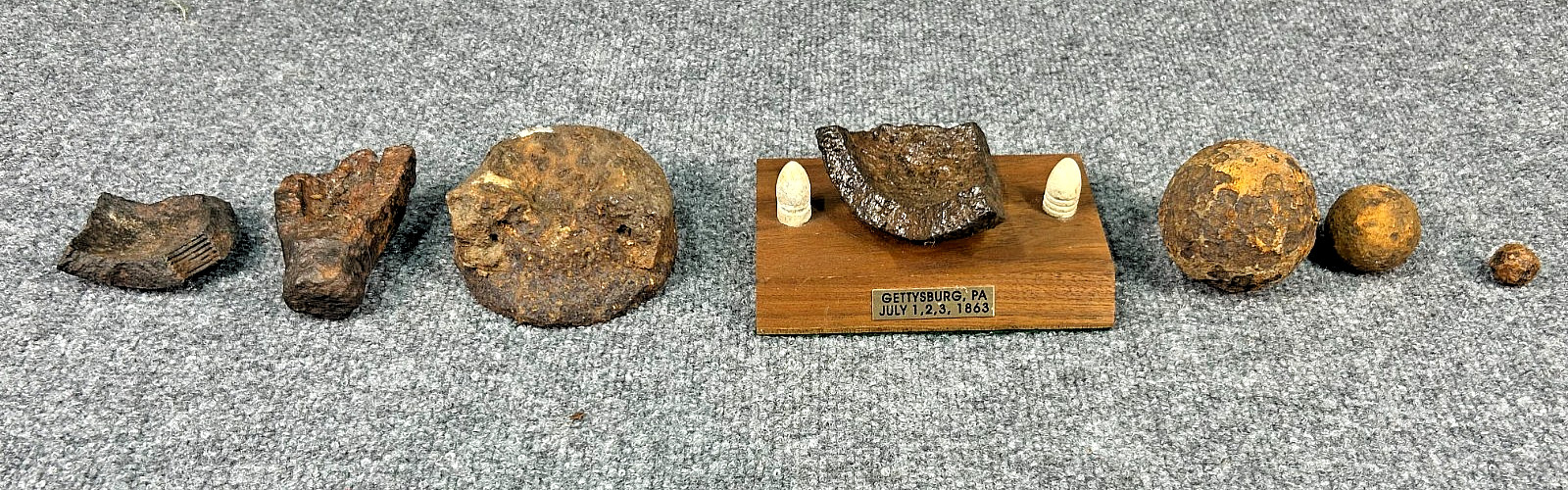 Antique 1863 Gettysburg Battle Relics Collection Shell Fragments Bullets Display