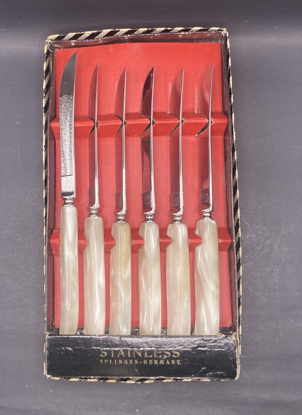 Vintage Peaso Solingen Germany Mother of Pearl Knife Set 6 Stainless w Box