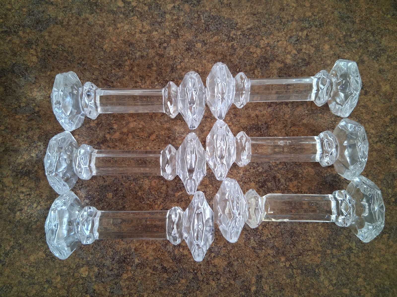 Vtg Shannon Crystal Knife Rests Dumbbell Set of 6 Matching Geometric Cuts 4” Vtg Shannon Crystal Knife Rests Dumbbell Set of 6 Matching Geometric Cuts 4”