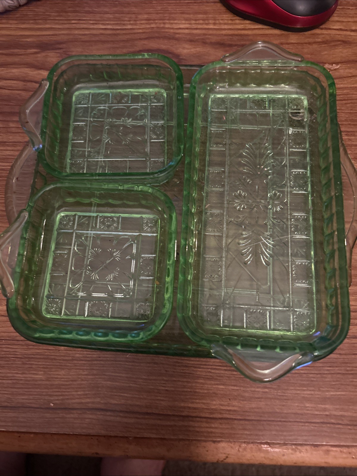 RARE 4 pc Vintage Jeanette Doric Relish Tray Dish Set Uranium Depression Glass