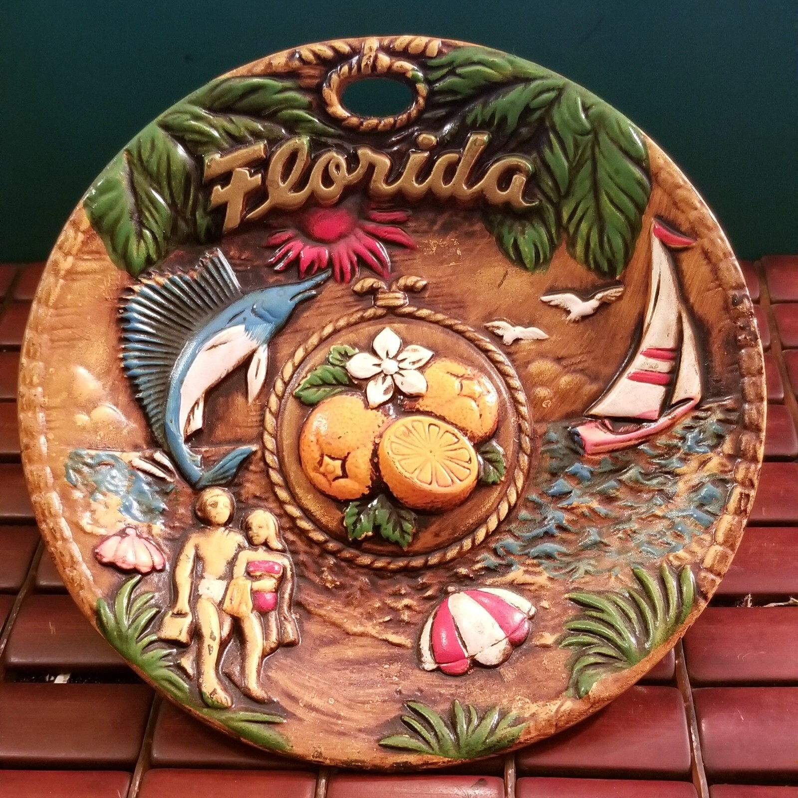 Vintage 1970s Florida Ceramic Souvenir Wall Hanging Plate 6.5