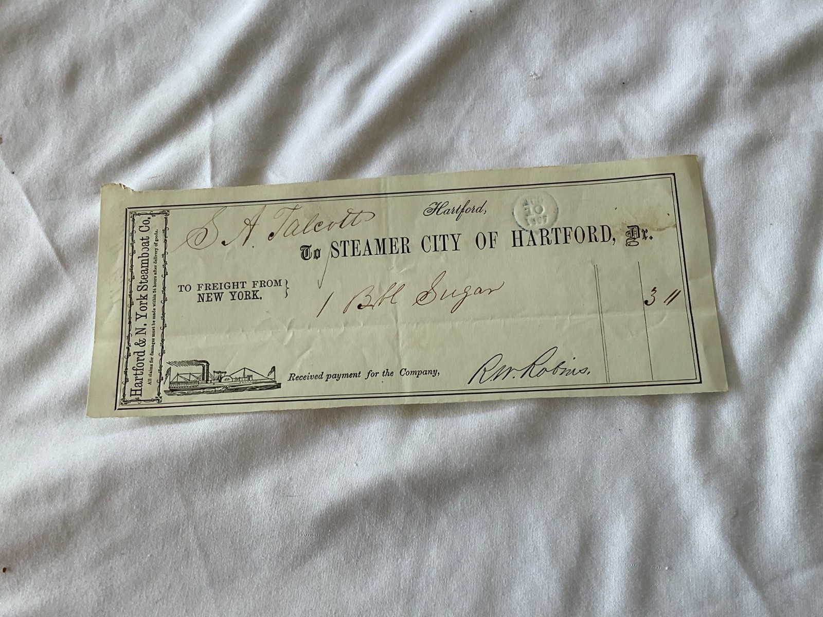 STEAMER CITY OF HARTFORD, HARTFORD & N. YORK STEAMBOAT CO. CHECK 1857 STEAMER CITY OF HARTFORD, HARTFORD & N. YORK STEAMBOAT CO. CHECK 1857