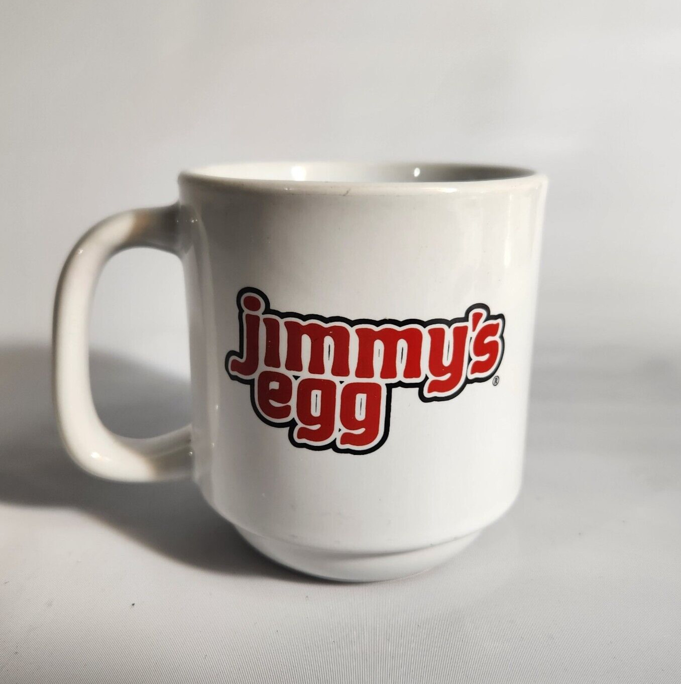 Vintage Jimmy’s Egg Ceramic Coffee Cup 11 oz Crestware Mug Red Spell Out