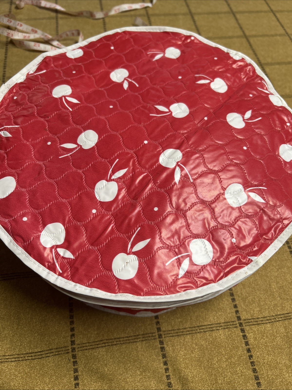 Vintage Lillian Vernon Quilted Round Hat Box Storage Case Red Apple Pattern