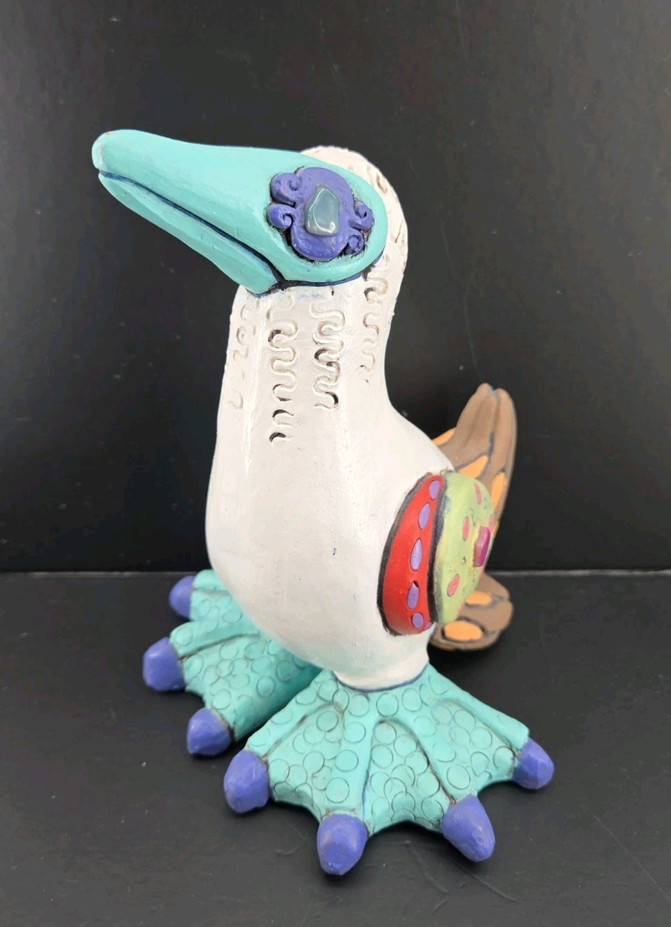 Handmade Raku Folk Art Galapagos Blue Footed Booby Sculpture Artisan Signed