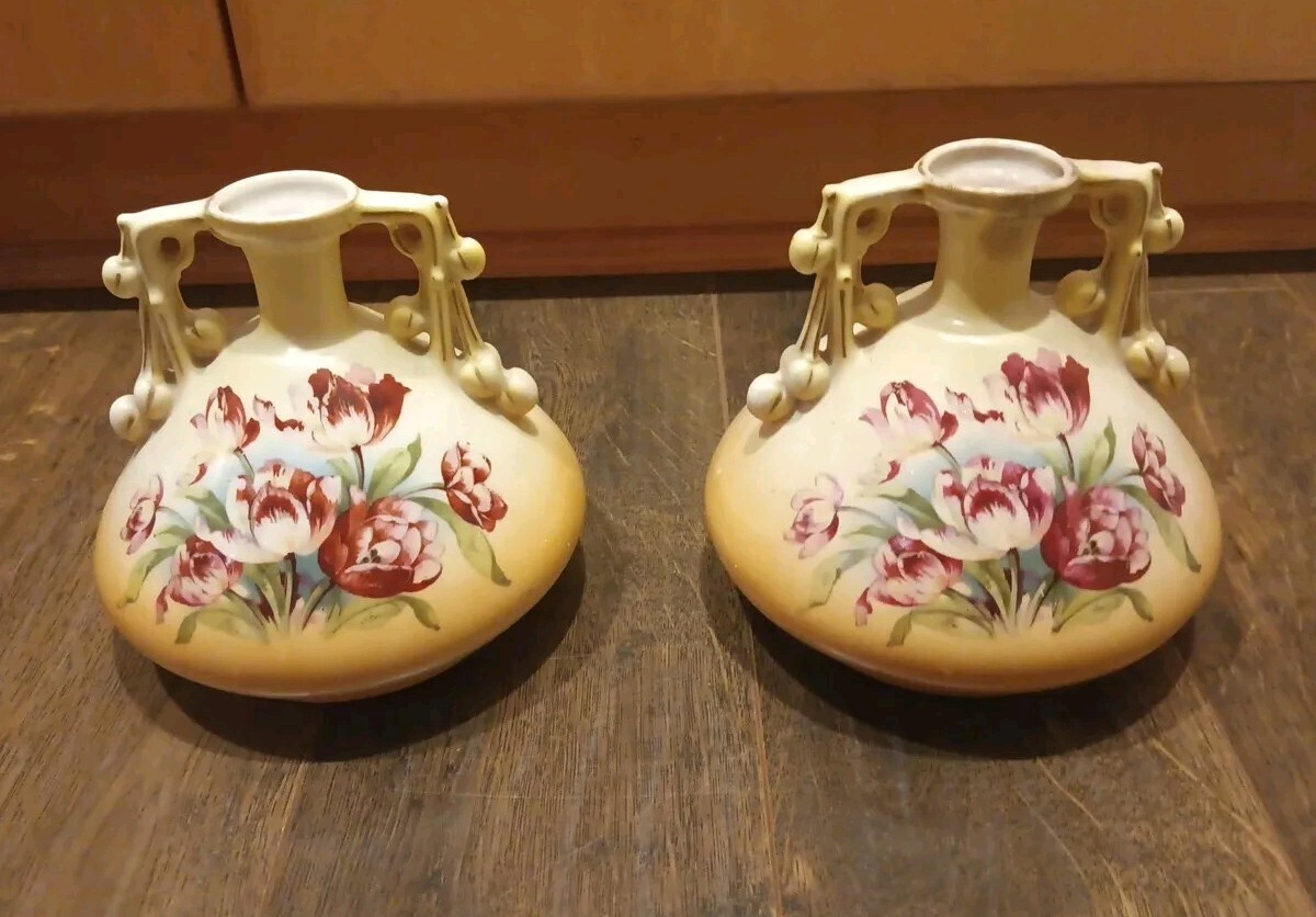 Antique 1880-1890 Vienna Austria Vases w/Tulip Motif #55 Set Of 2