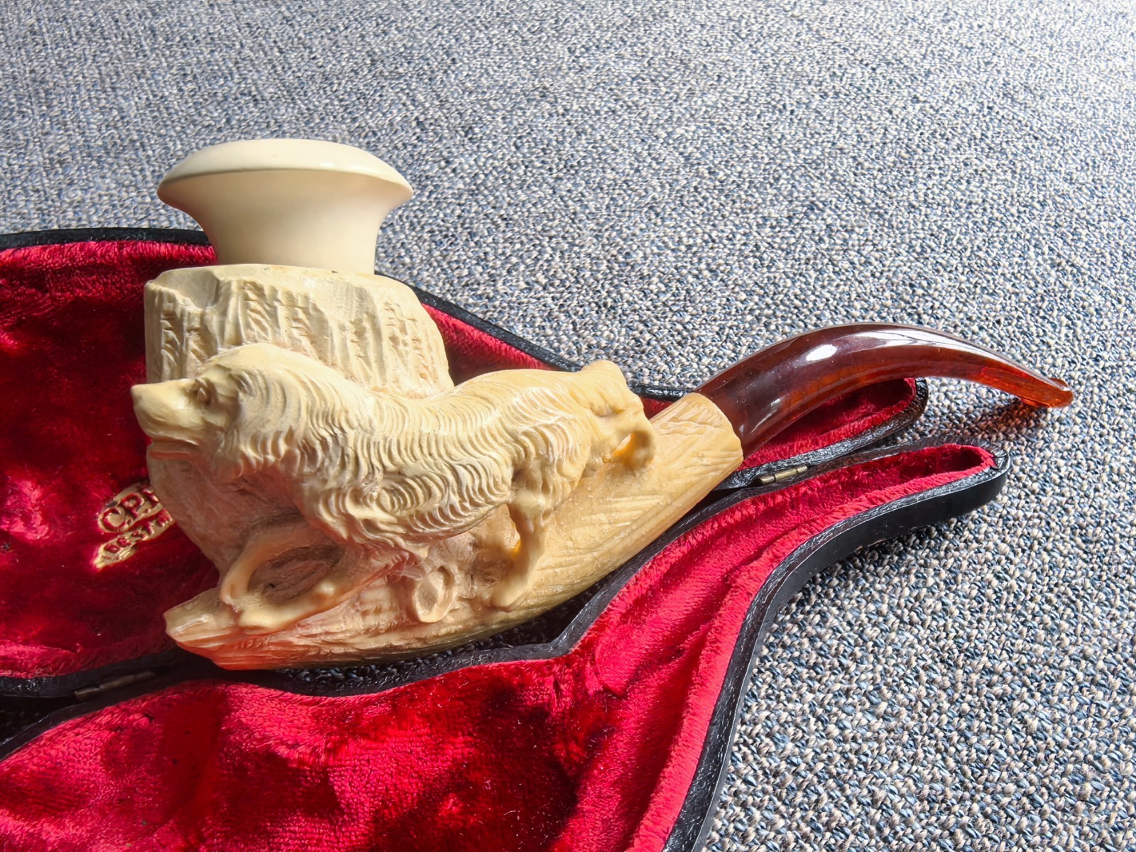 Antique C.P.F. carved hunting dog meerschaum pipe cased. 19th C. Antique C.P.F. carved hunting dog meerschaum pipe cased. 19th C.