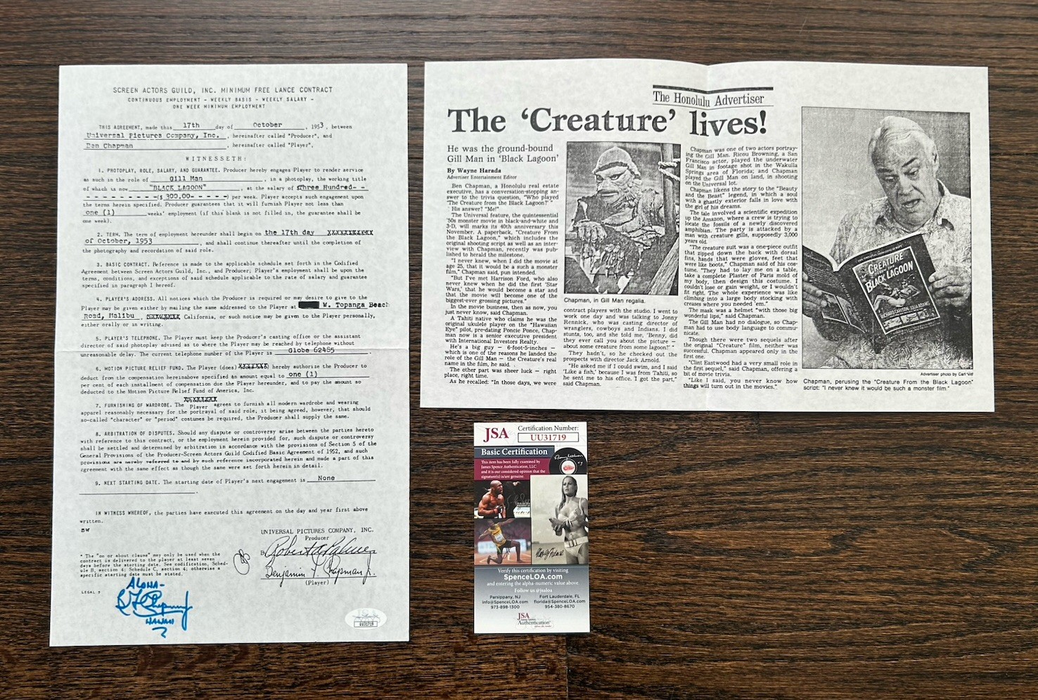 Ben Chapman Signed - Autographed Creature from the Black Lagoon Contract JSA/PSA