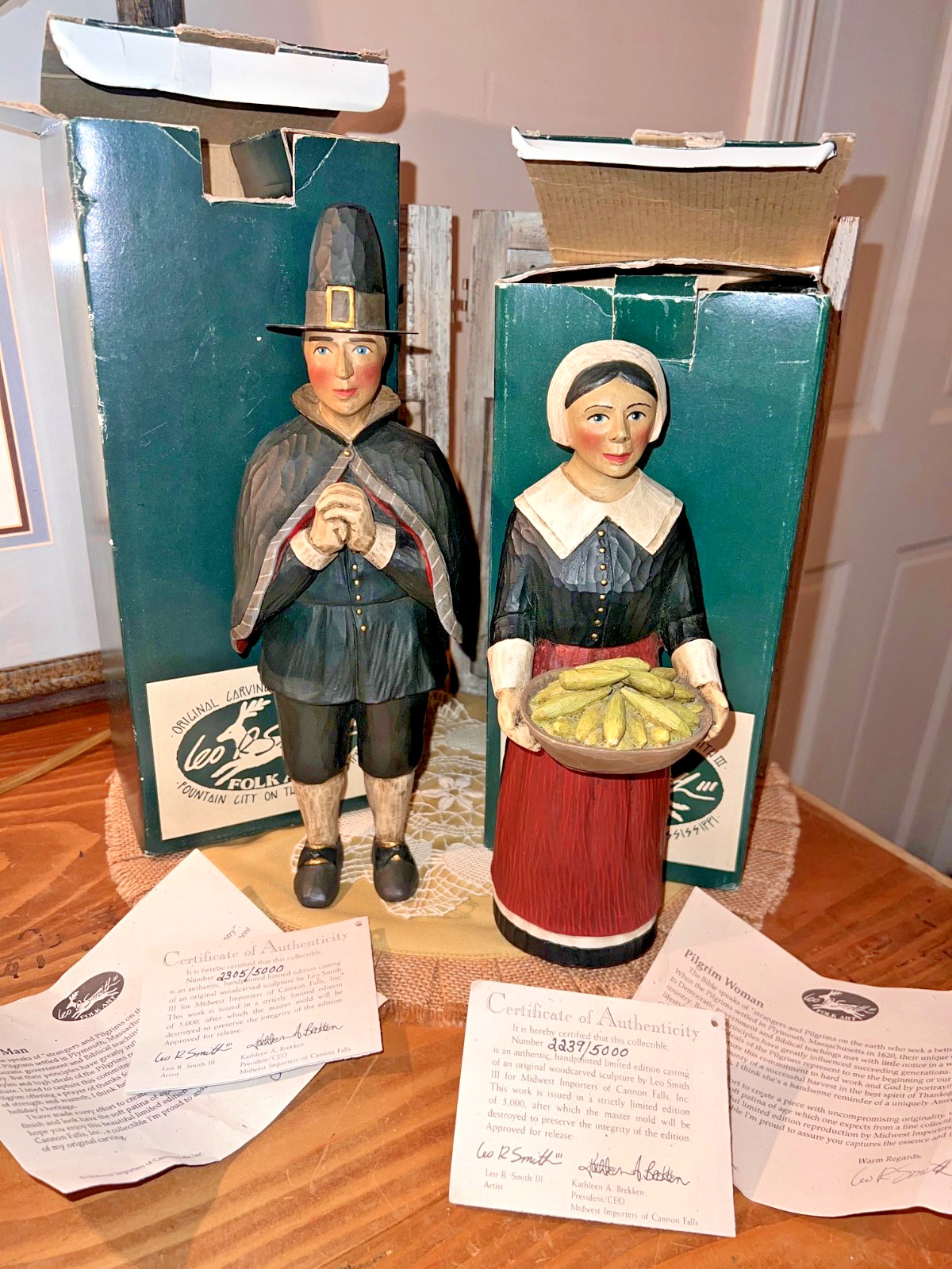 Leo Smith Folk Art Pilgrim Man & Woman Pair w/Boxes & COA Numbered 12