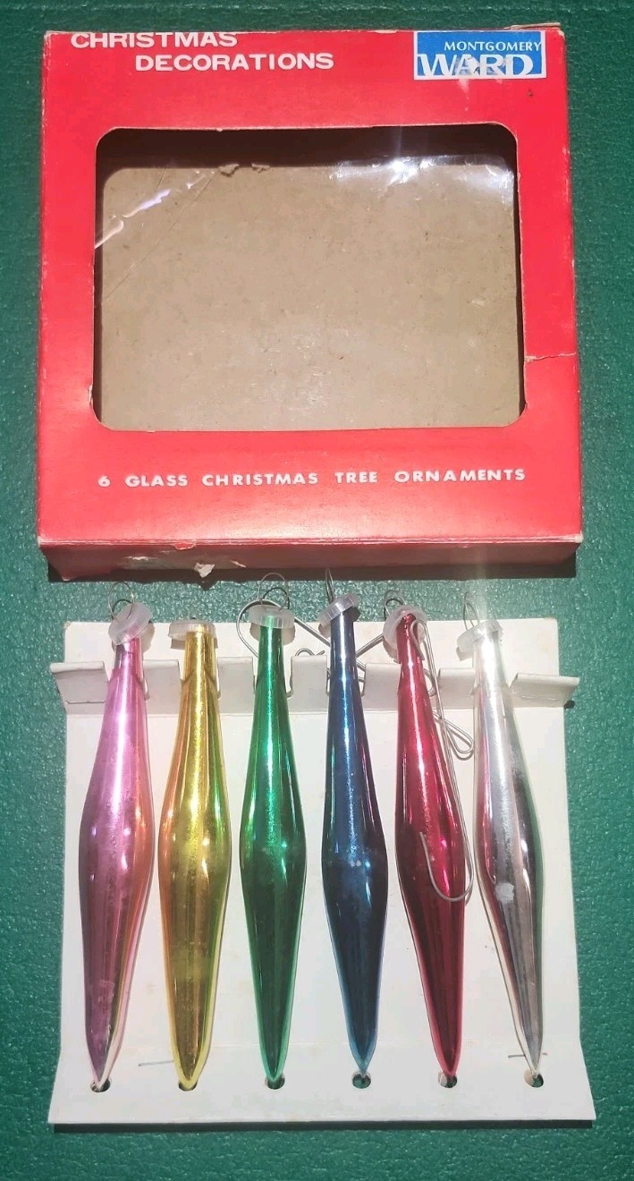6 Vintage Handblown Teardrop Mercury Glass Christmas Spindle Rainbow Icicle 4.5