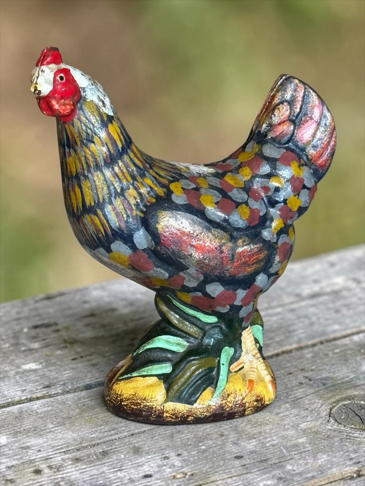 Antique Hand Painted Cast Iron Chicken Coin Bank