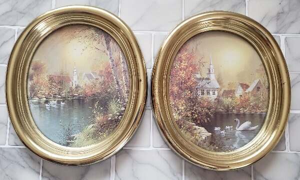 Vintage Homco Home Interiors Oval Swan Pictures Pair Glass Front Frames 1984 Syr