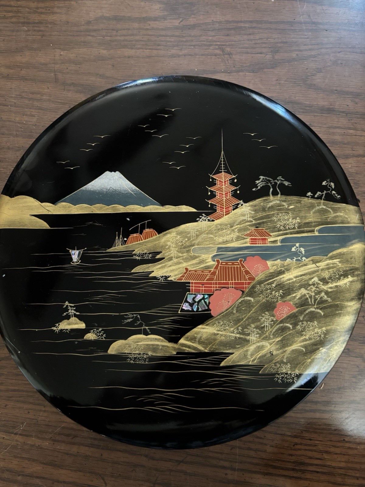 Vintage Shirokiya Japan Black Gold Lacquer Covered Hors d'Oeuvre Set Mt Fuji