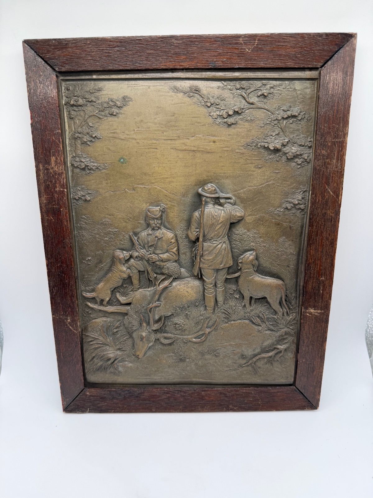 Antique Copper or Tin Framed Relief Plaque Hunting Scene 1 of 2 Antique Copper or Tin Framed Relief Plaque Hunting Scene 1 of 2