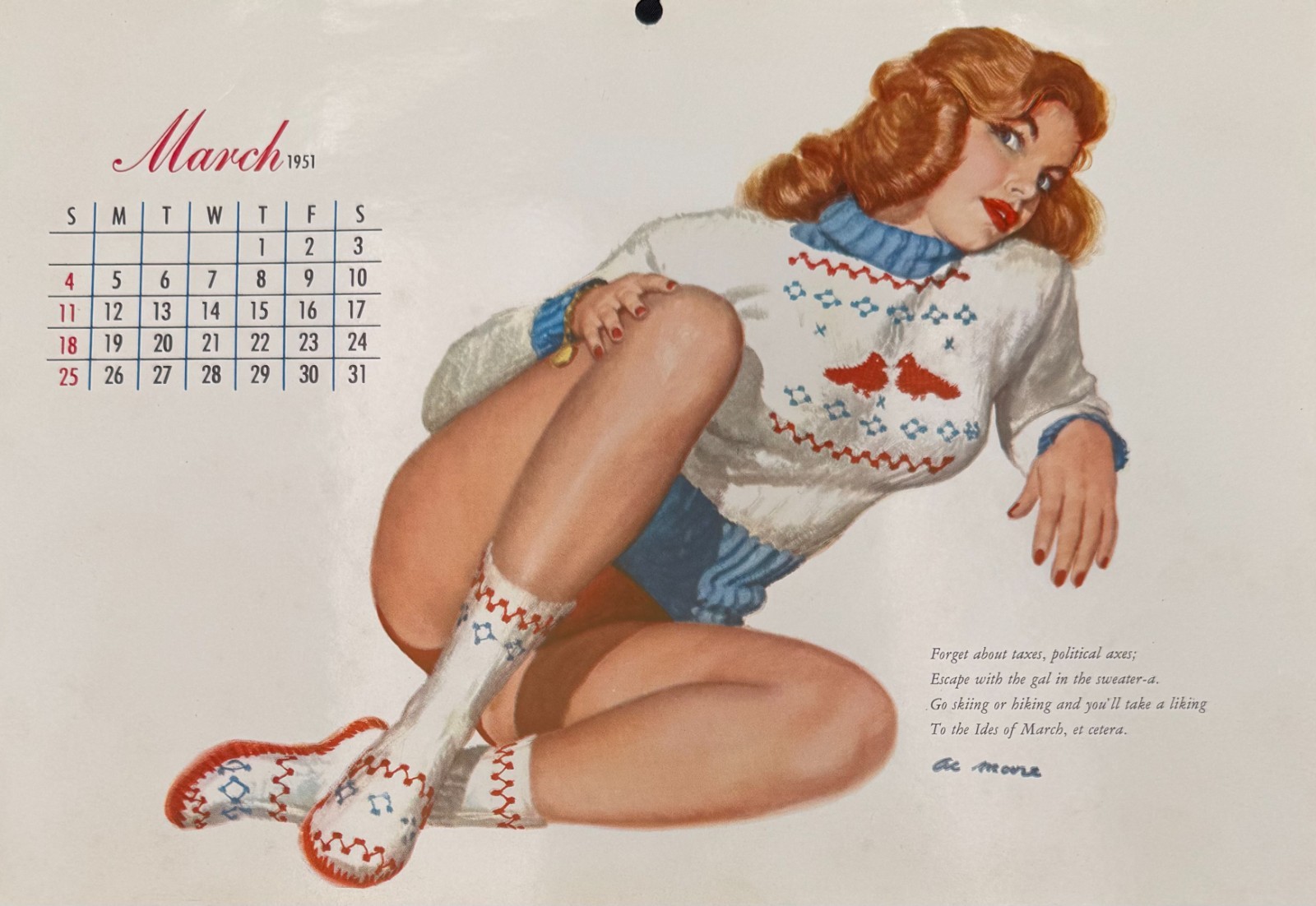 1951 Al Moore Pin-Up Calendar Page March Sweater Girl Skiing 8.5 x 12