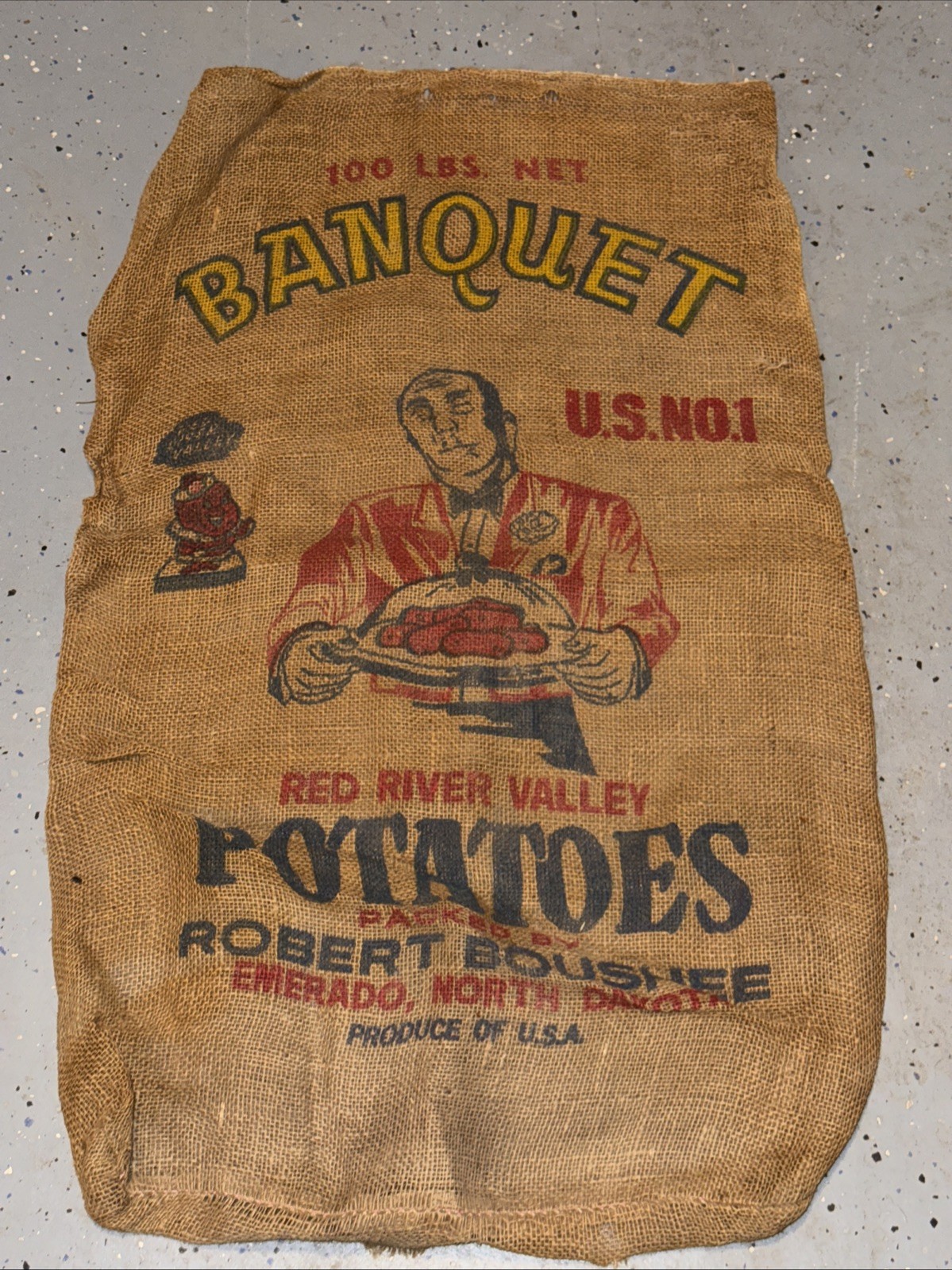 VTG Banquet North Dakota Potatoes Burlap Bag 100 lbs Gunny Sack Rare Antique htf VTG Banquet North Dakota Potatoes Burlap Bag 100 lbs Gunny Sack Rare Antique htf