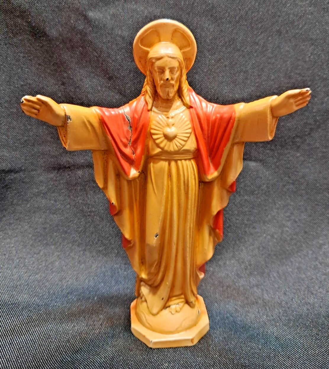 Vintage Spelter Metal Sacred Heart Jesus Statue Painted Religious Altar 5.5 Vintage Spelter Metal Sacred Heart Jesus Statue Painted Religious Altar 5.5