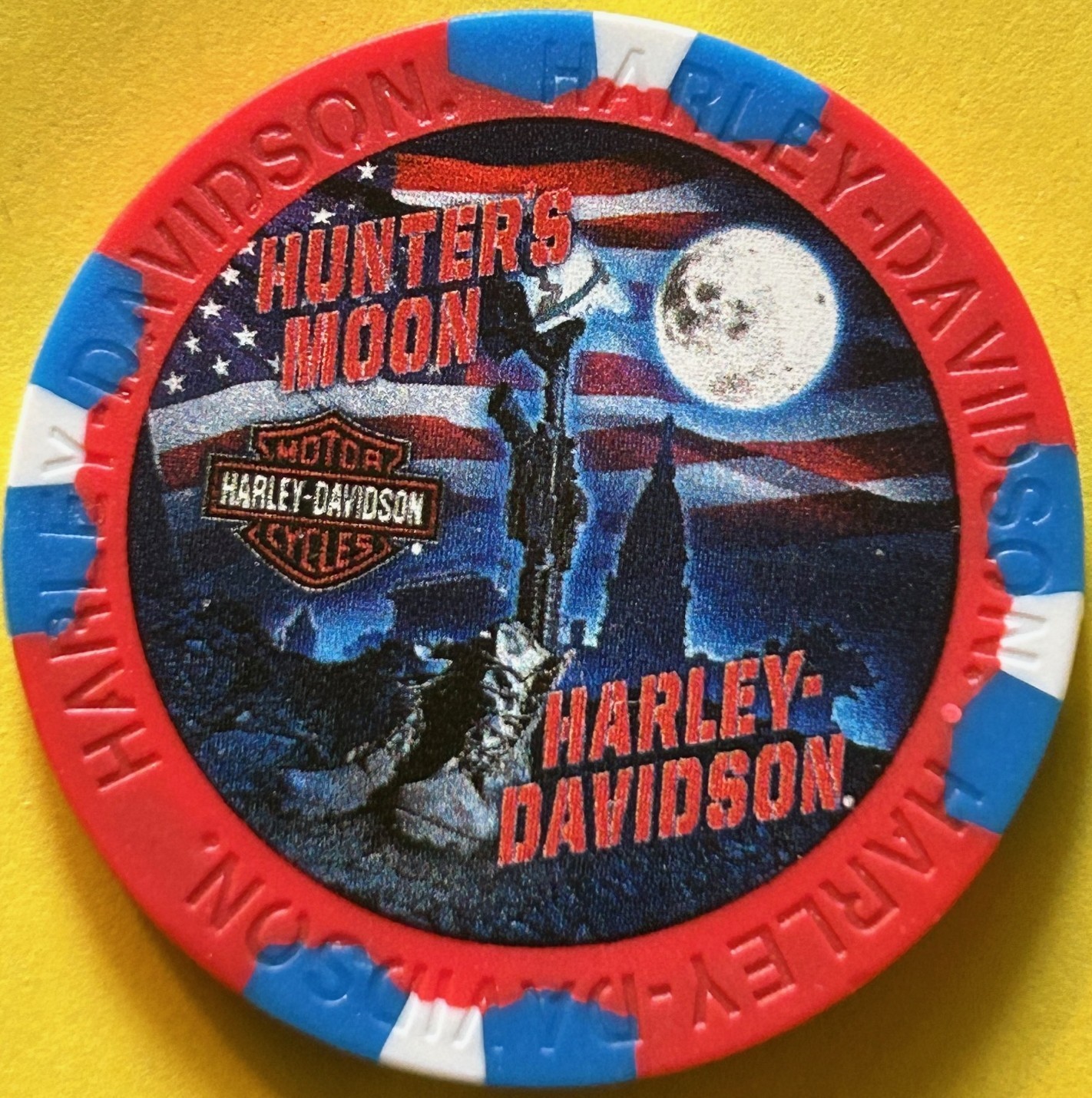 Harley Davidson Wide Print Poker Chip Hunters Moon HD Indiana BATTLEFIELD CROSS Harley Davidson Wide Print Poker Chip Hunters Moon HD Indiana BATTLEFIELD CROSS
