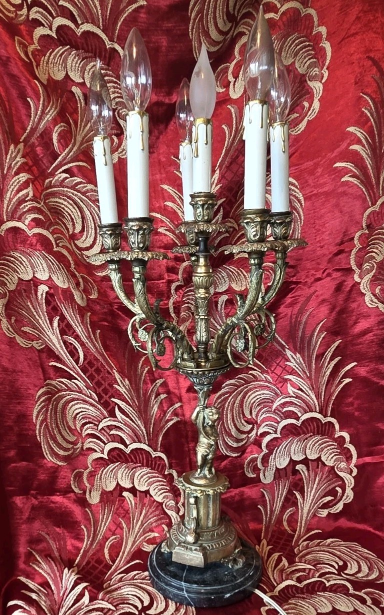 ANTIQUE  FIGURAL SPANISH REVIVAL  BRASS & MARBLE CANDELABRA  LAMP 6 LIGHTS 
