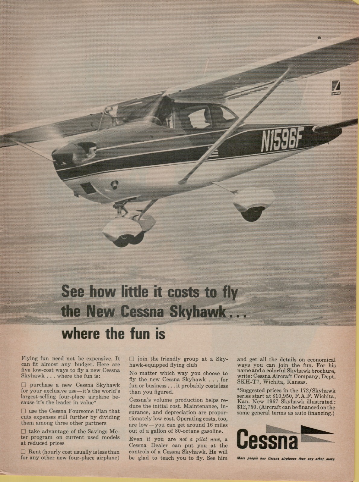 1966 Cessna Skyhawk Airplane Purchase or Rent Prop Photo VINTAGE PRINT AD 1966 Cessna Skyhawk Airplane Purchase or Rent Prop Photo VINTAGE PRINT AD