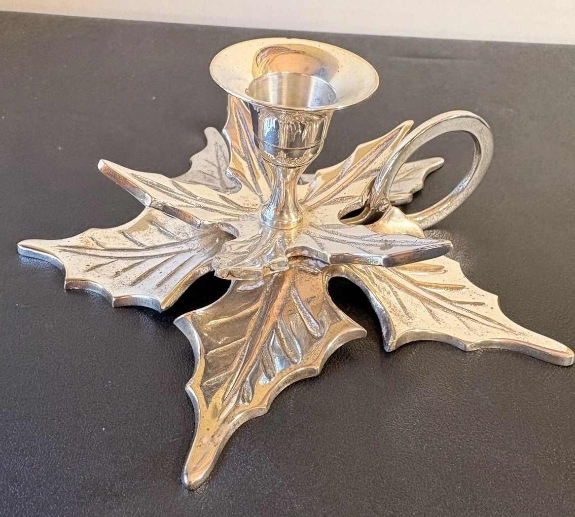 Vintage Silver-Plated Holly Leaf Chamberstick Candle Holder Vintage Silver-Plated Holly Leaf Chamberstick Candle Holder