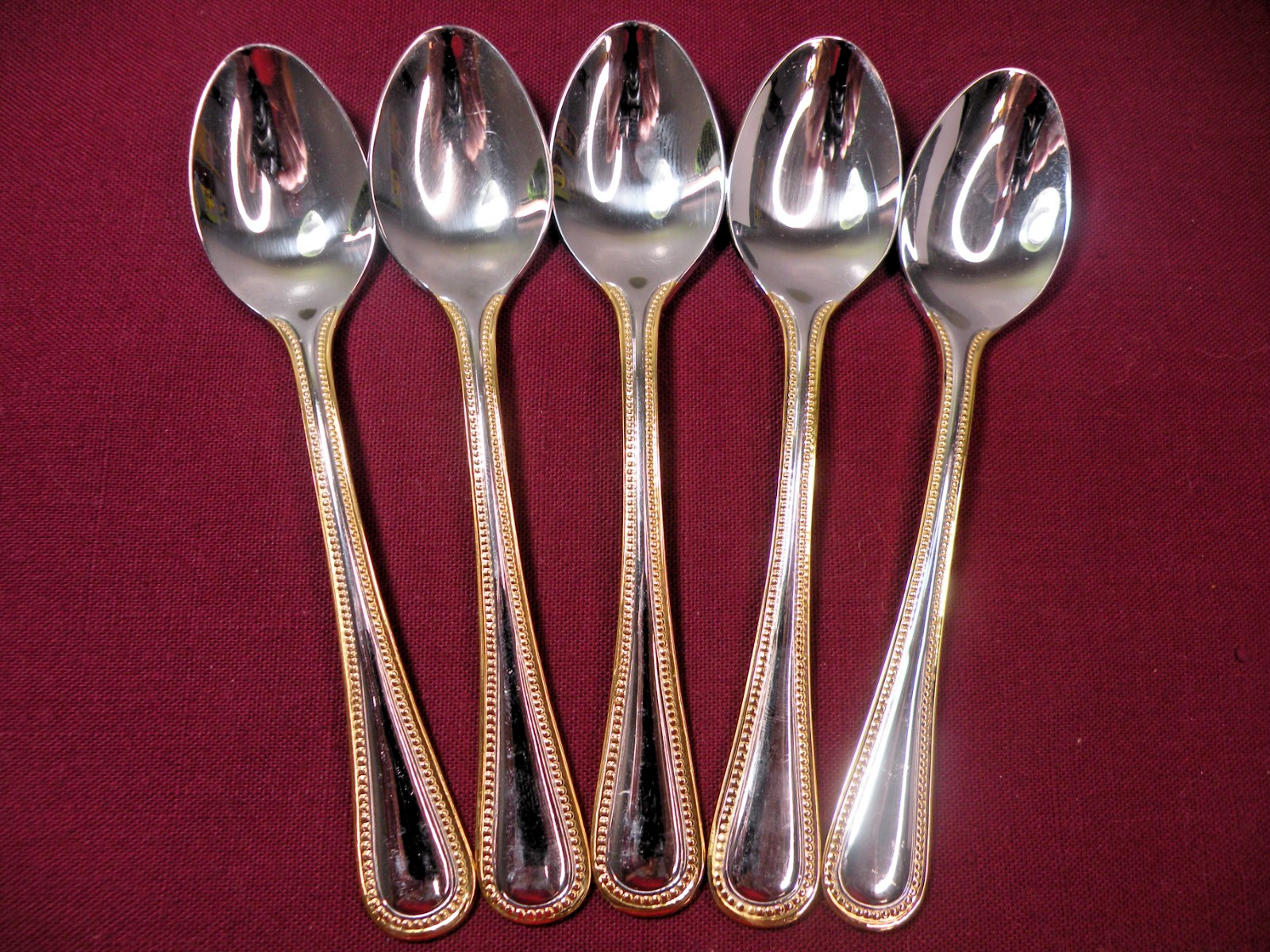 Set Of 5 Teaspoons Wallace Gold Royal Bead Stainless Steel Flatware 6 1/8