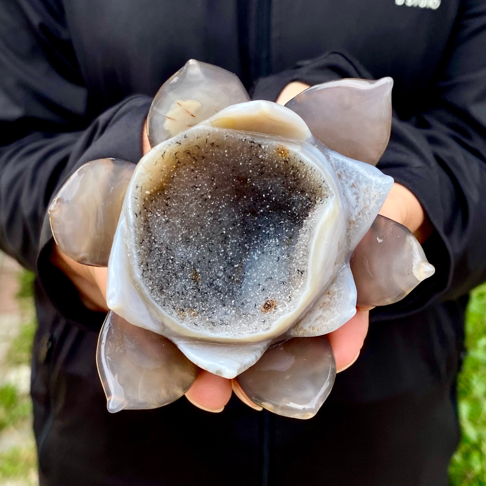 300G Natural Agate Geode Carved Lotus Flower, Hand Carved Healing Crystal Home D