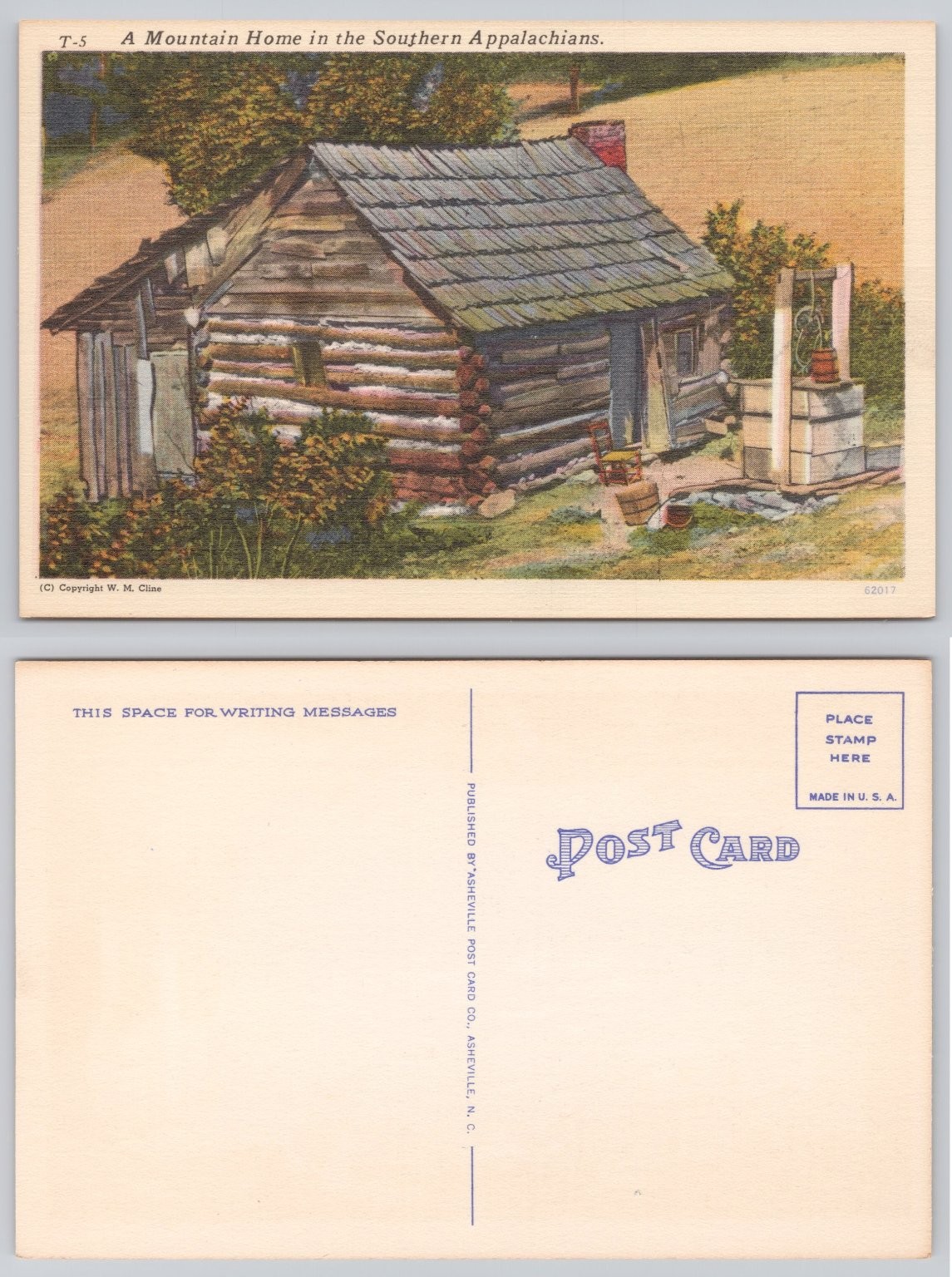Vintage Linen Postcard Southern Appalachians Mountain Log Cabin Well W. M. Cline