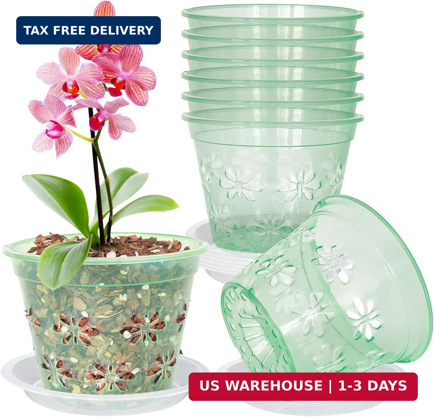 Orchid Pot, 8 Pack 4 In Orchid Pots with Holes & Saucers, Clear Green Orchid Pot, 8 Pack 4 In Orchid Pots with Holes & Saucers, Clear Green