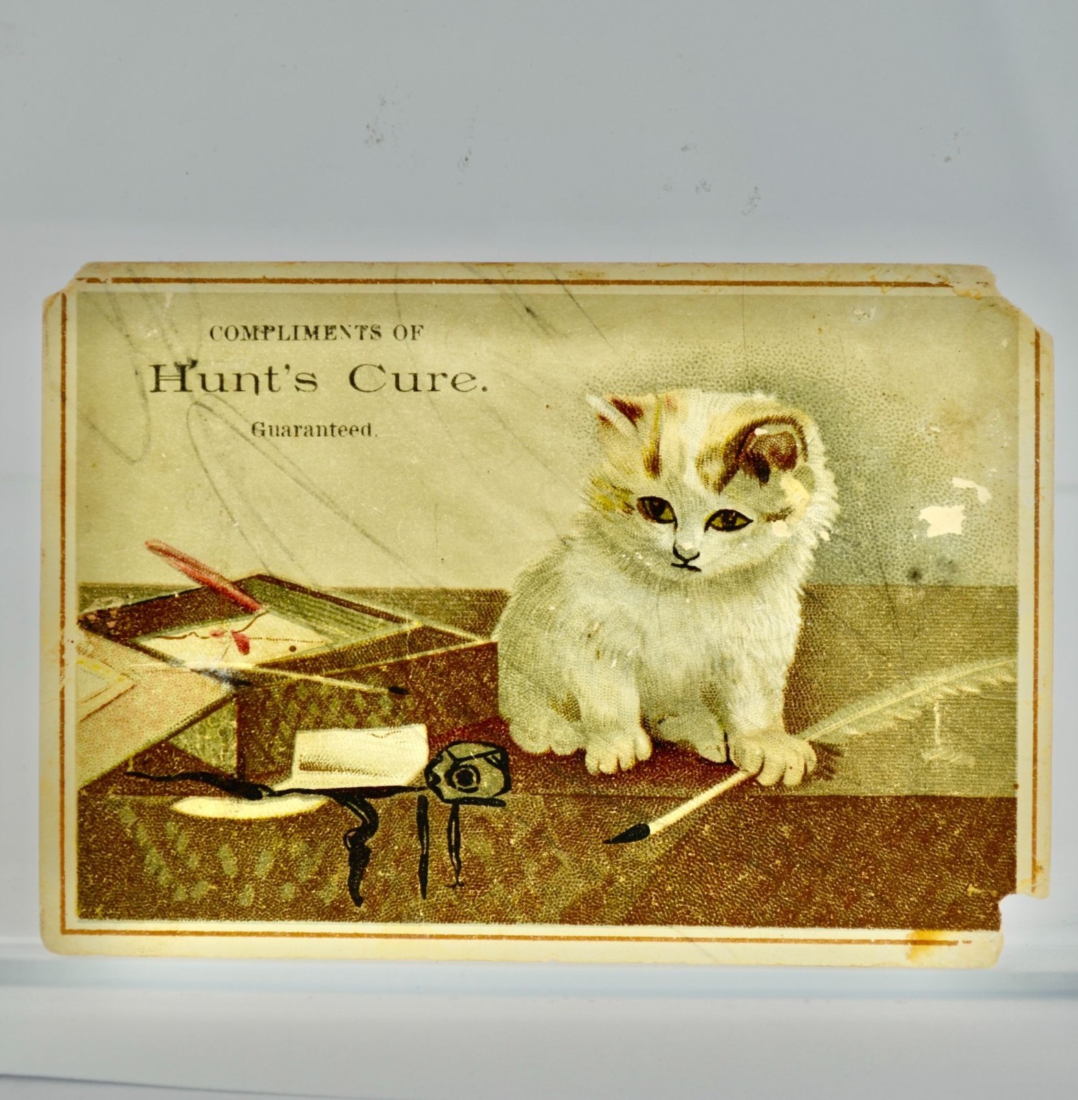 Hunt\'s Cure Antique Victorian Trading Trade Card Cat Spilled Ink