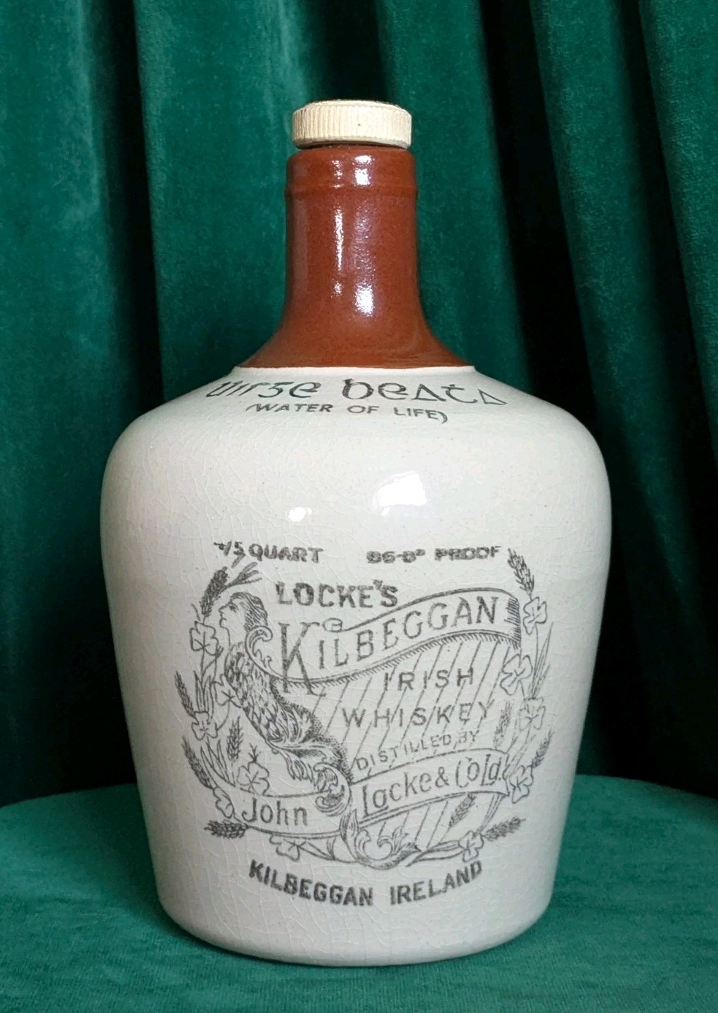 Vintage Locke\'s Kilbeggan Irish Whiskey Stoneware Jug with Handle Cicra 1950s