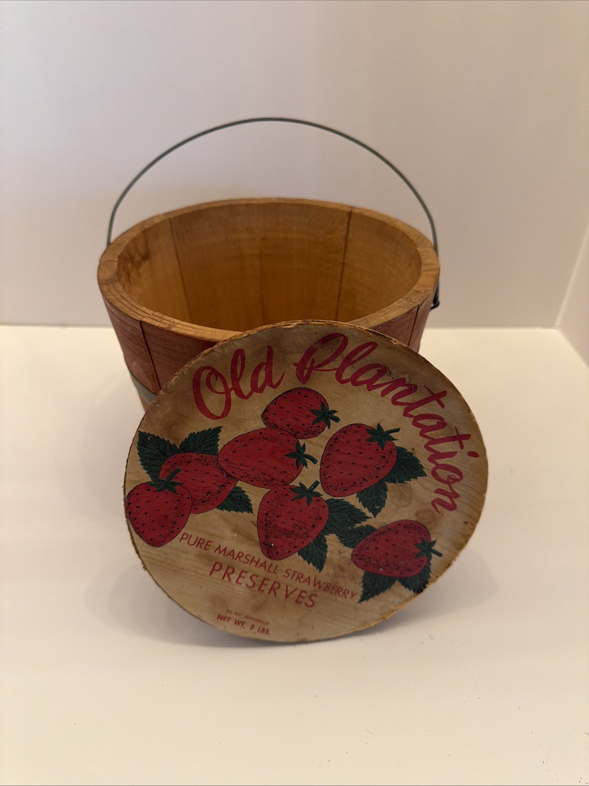 Vintage Old Plantation Brand Marshall Strawberry Preserves 5 lb Wood Pail w/ Lid