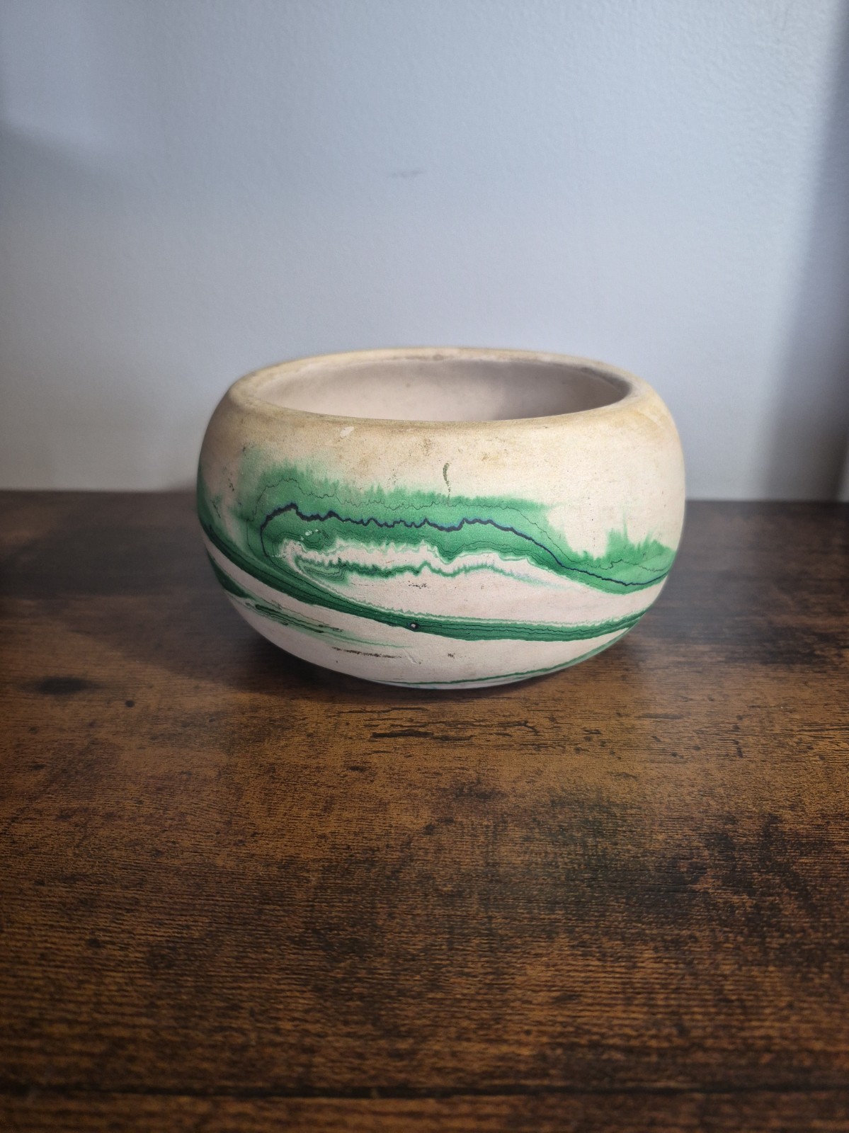 Nemadji Pottery Bowl Vase Swirl Marbled Clay USA Green Appr. 6\ Nemadji Pottery Bowl Vase Swirl Marbled Clay USA Green Appr. 6\