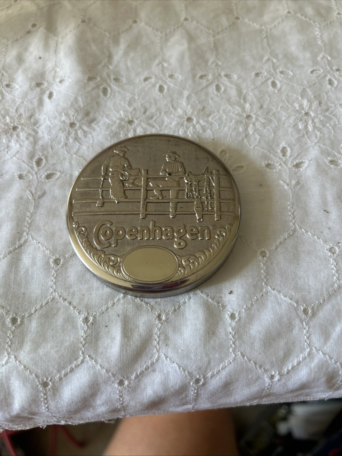 Copenhagen 2-Cowboys On Fence Snuff Can Lid Metal Tin Vintage Collectible Copenhagen 2-Cowboys On Fence Snuff Can Lid Metal Tin Vintage Collectible