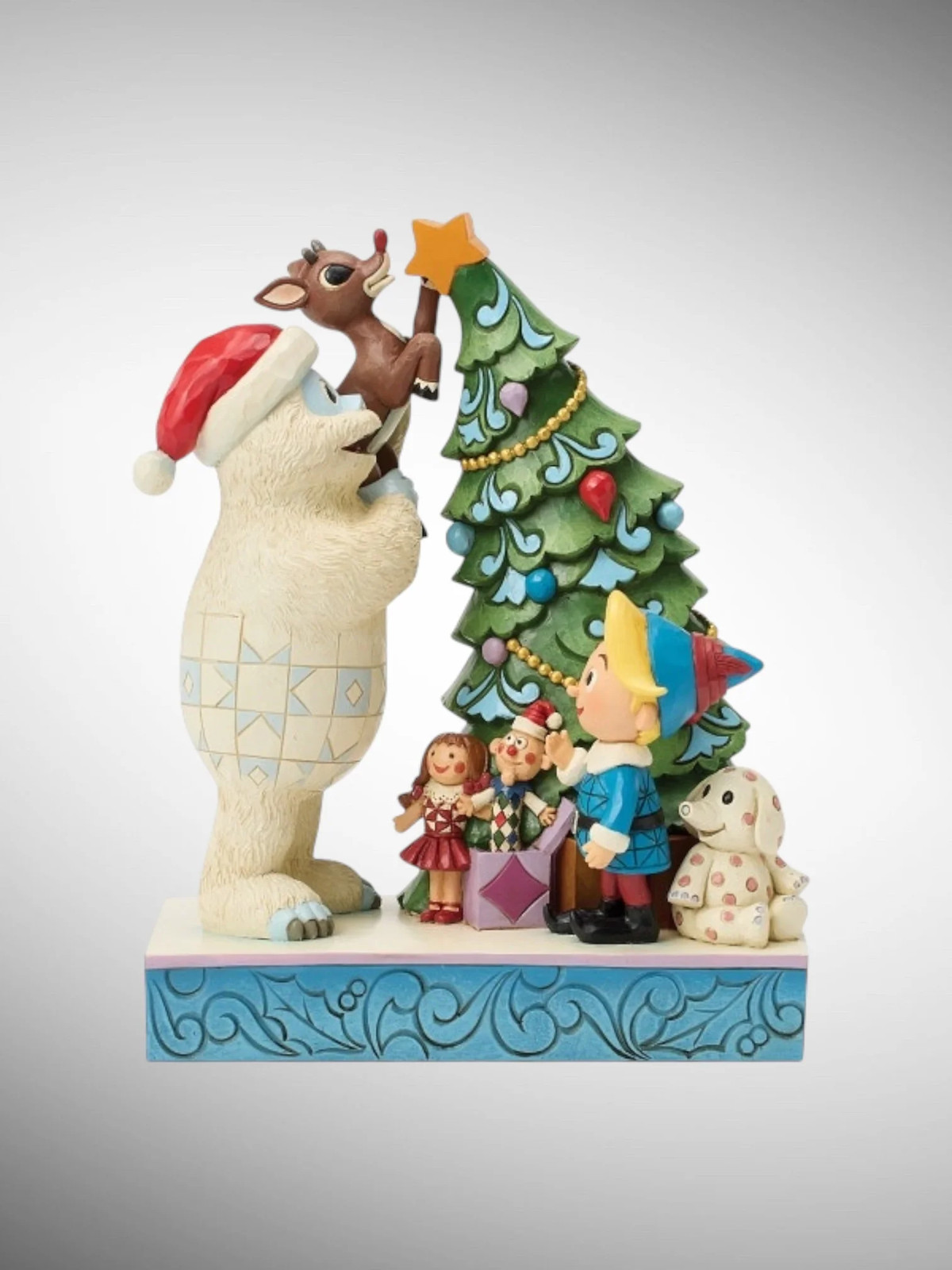 Jim Shore Rudolph Traditions - Bumble Holding Rudolph by Tree Figurine Jim Shore Rudolph Traditions - Bumble Holding Rudolph by Tree Figurine