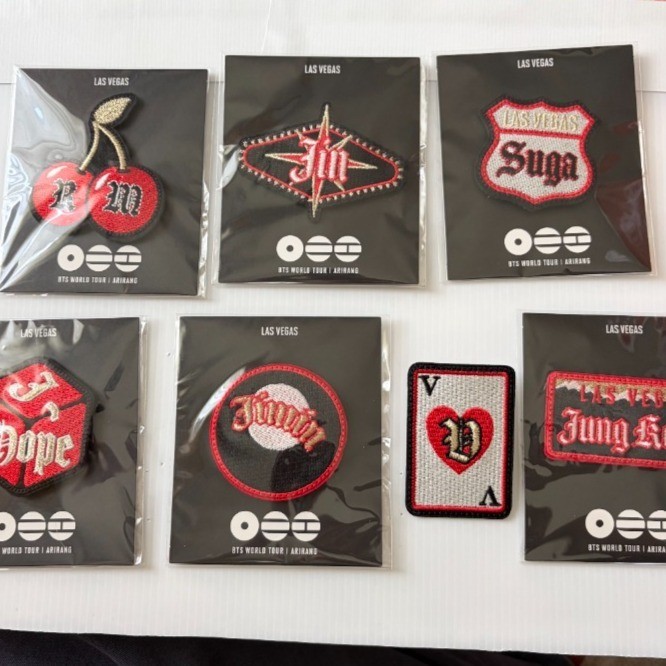 BTS World Tour Las Vegas Patches In Pack RM, Jin, Suga, J-Hope, Jimin,V, Jungkoo BTS World Tour Las Vegas Patches In Pack RM, Jin, Suga, J-Hope, Jimin,V, Jungkoo