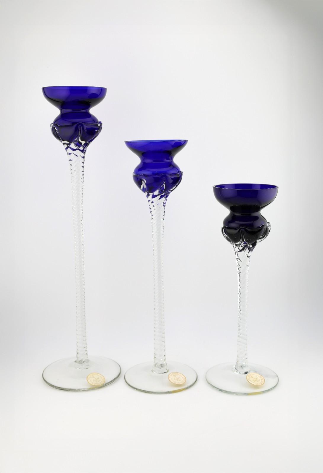 Vintage Handcrafted Romanian Cobalt Blue Crystal Candlestick Holders Set of 3