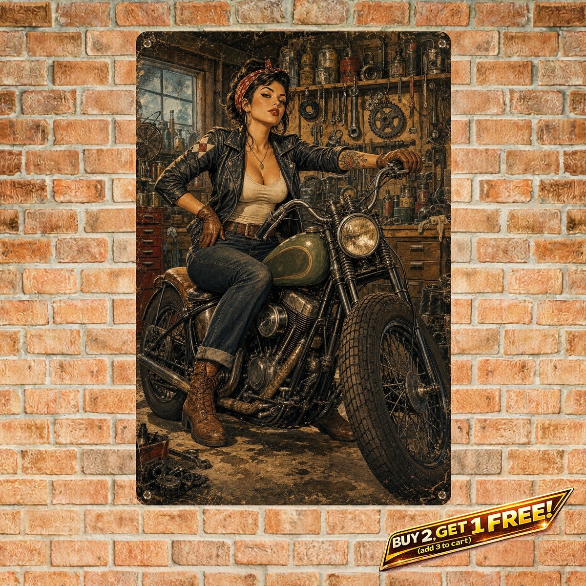 Classic Cycle Pinup Girl Tin Sign Retro Motorcycle Wall Plaque 8x12