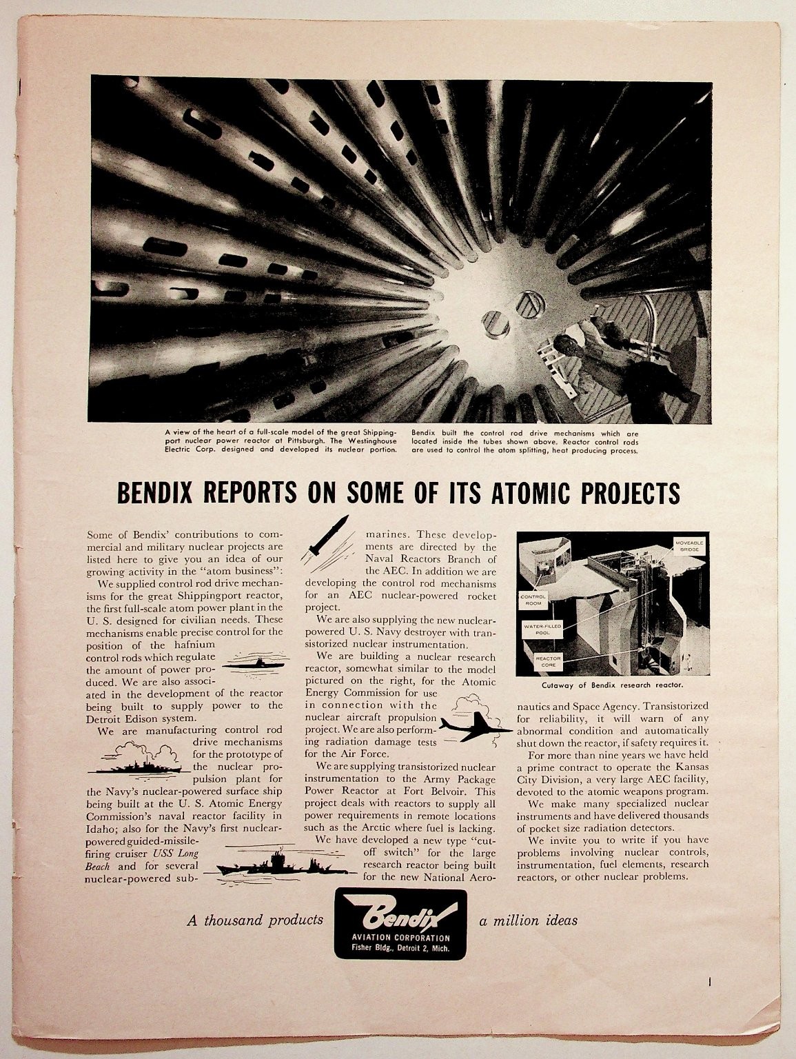 Bendix Atomic Projects Ad 1950s Nuclear Power Reactor USS Long Beach Ephemera Bendix Atomic Projects Ad 1950s Nuclear Power Reactor USS Long Beach Ephemera