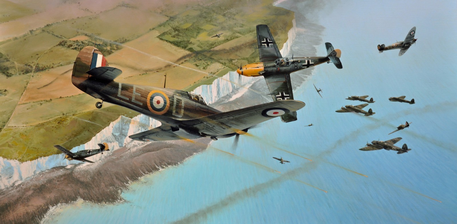 Into the Fray by Richard Taylor aviation art signed by 6 WW2 Hurricane pilots