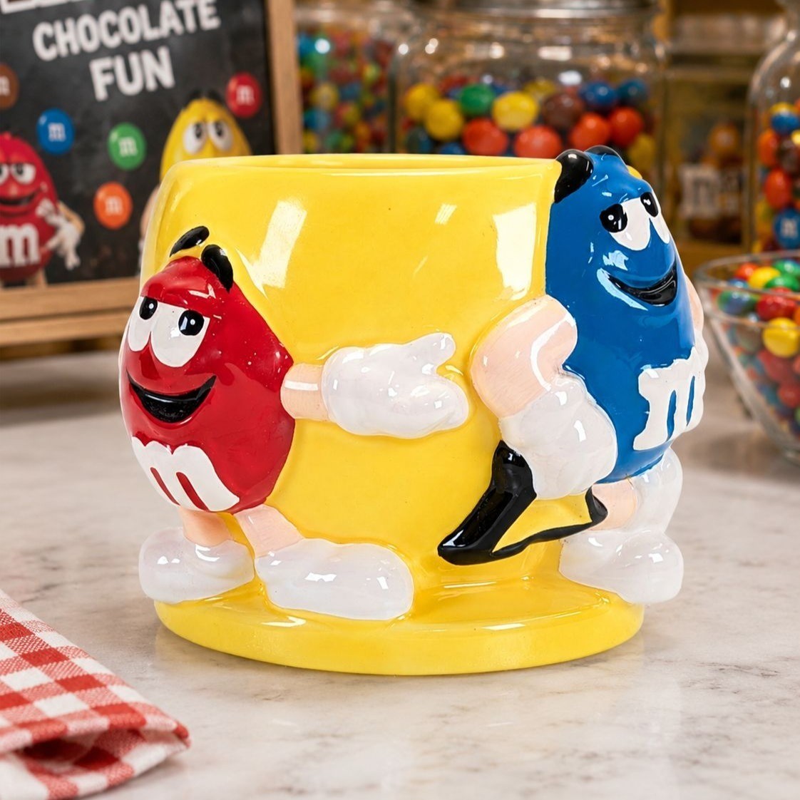 M&M\'s Yellow Candy Dish FTD Planter Vase Mars Ceramic Red Blue M&Ms