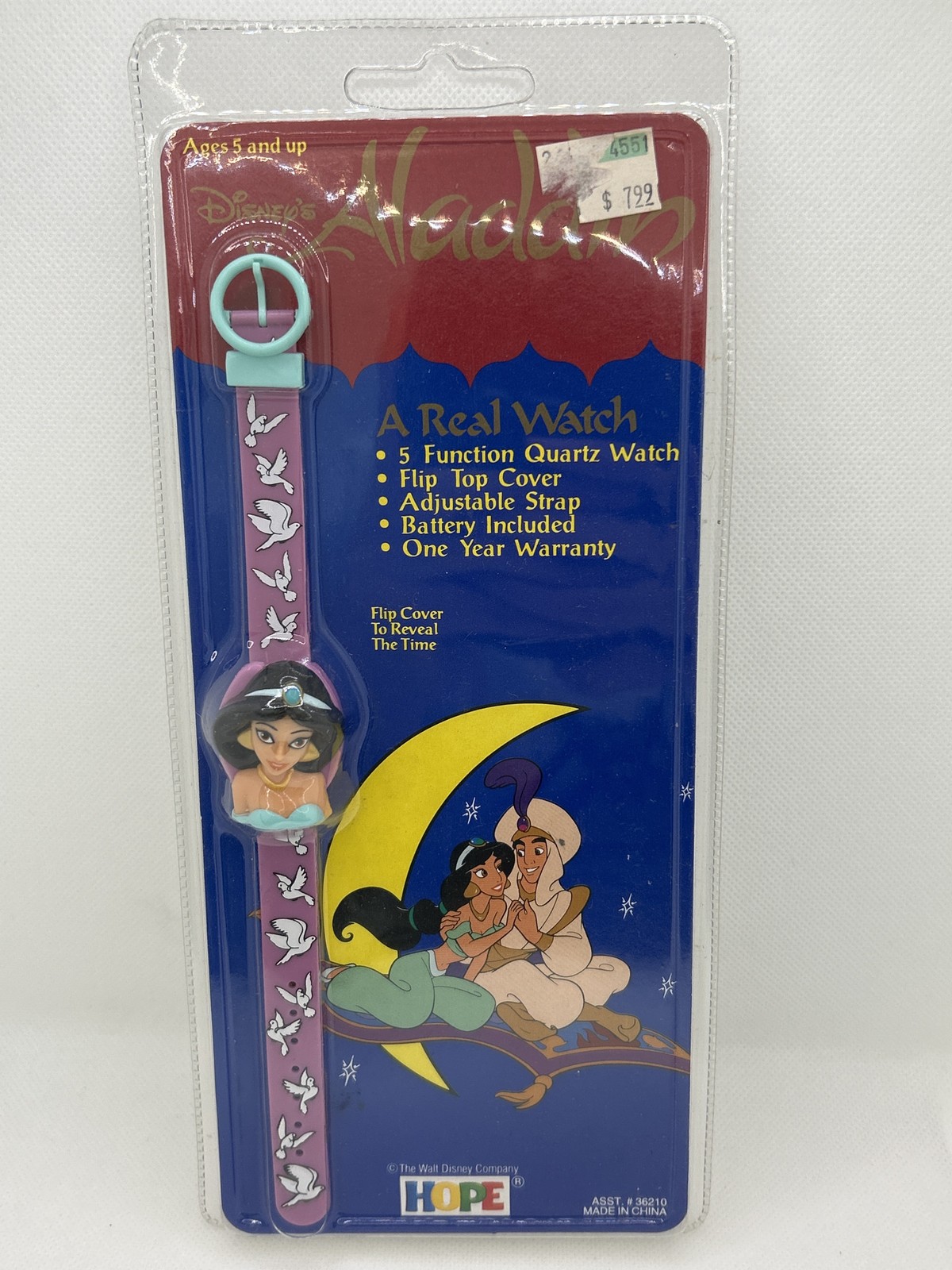 Disney Aladdin Princess Jasmine Watch HOPE Sealed Vintage Flip Top Card