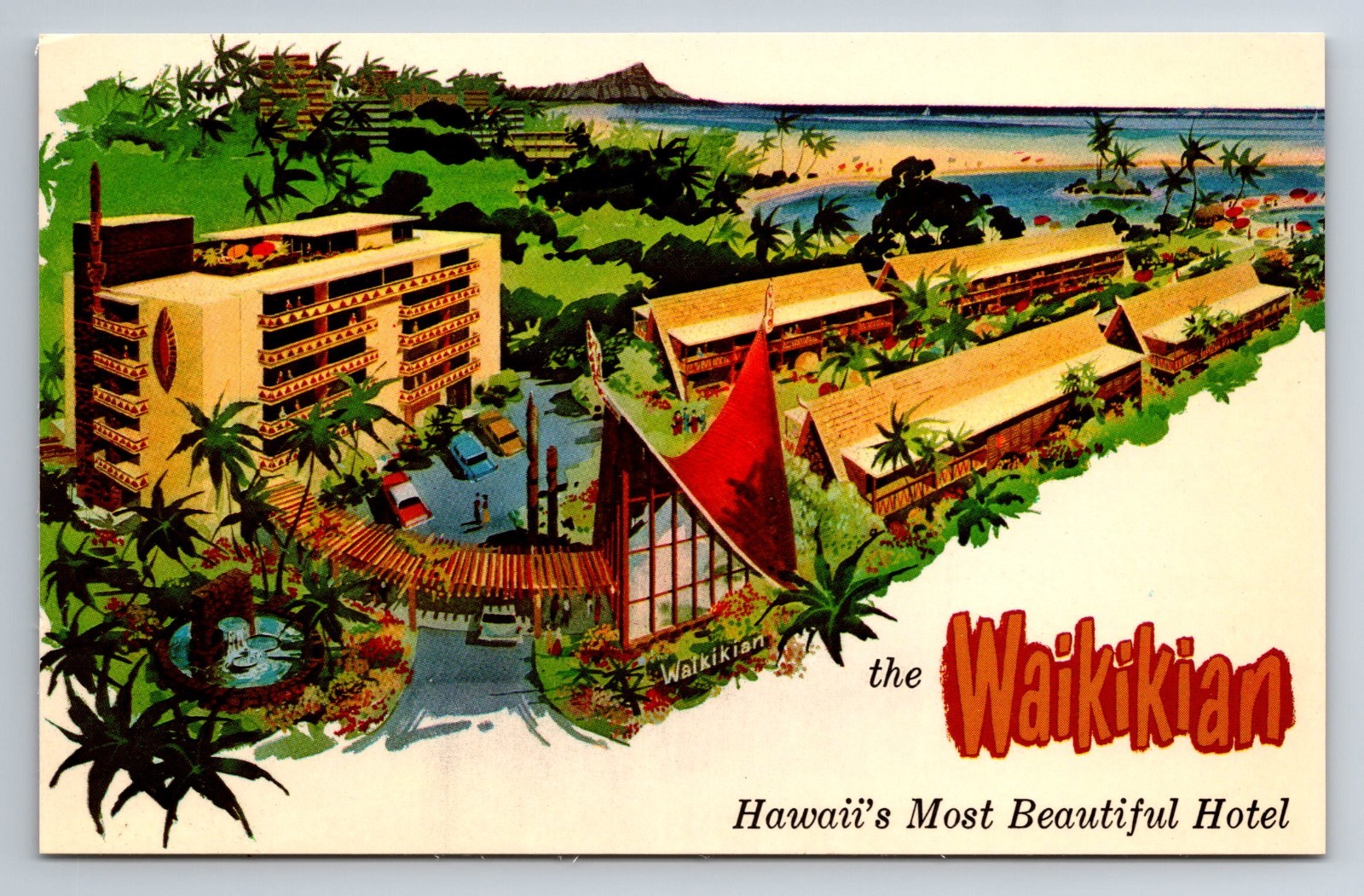 HI, Waikikian Hotel, Aerial View, Illustrated, Vintage Postcard HI, Waikikian Hotel, Aerial View, Illustrated, Vintage Postcard