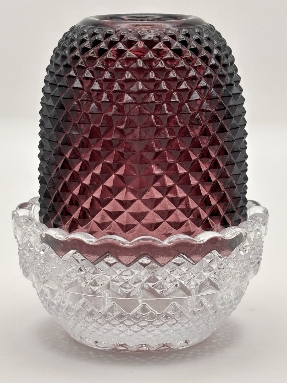Vintage Mosser Glass Amethyst Purple Diamond Point 2-Piece Fairy Lamp Candle
