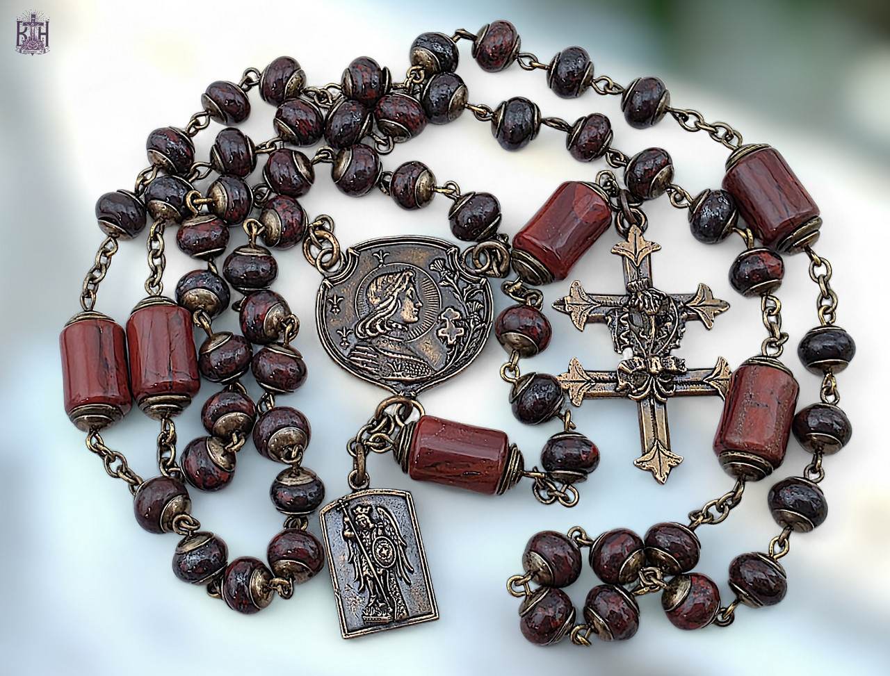 Joan of Arc Archangel Michael Bronze Heirloom Rosary | Red Jasper