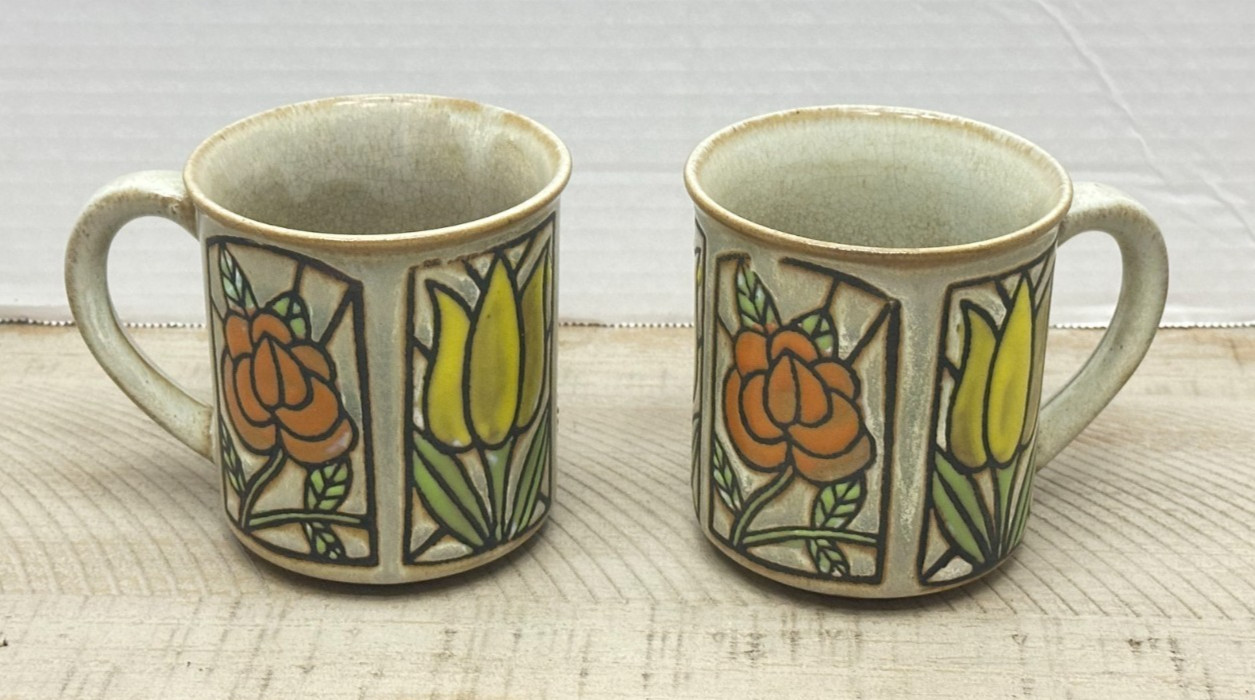 Vintage 1970s Stoneware Mugs Set of 2 - Hand-Painted Floral Speckled Glaze Boho